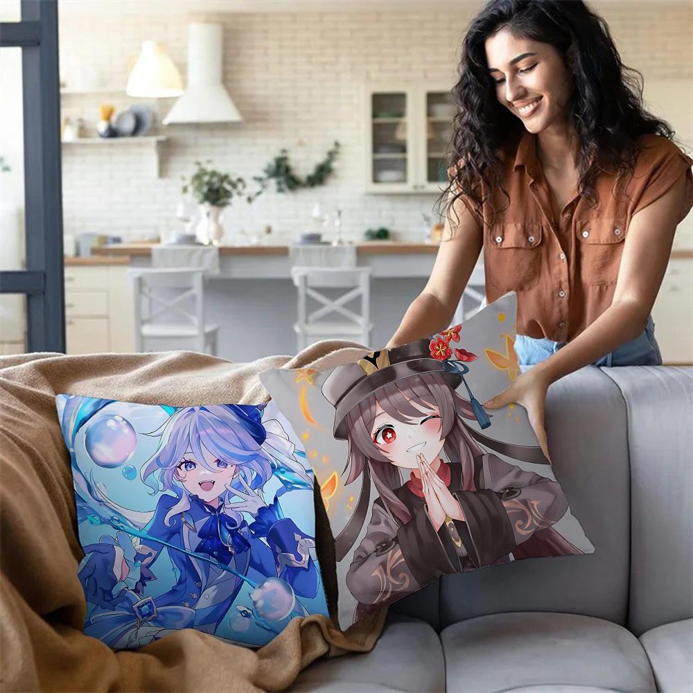 Anime Genshin Impact Pillow Covers Cartoon Sofa Decorative Home Double-Sided Printing Short Plush Cute Cushion Cover