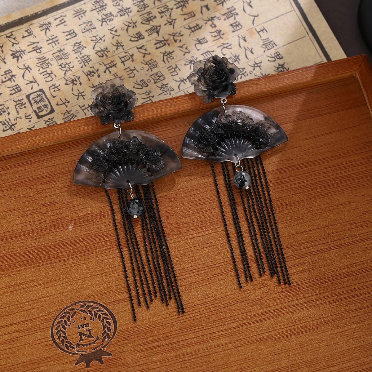 Ink And Wash Flower Fan Fringed Earrings, Guochao Light Luxury High-End Ancient Cheongsam Earrings Women
