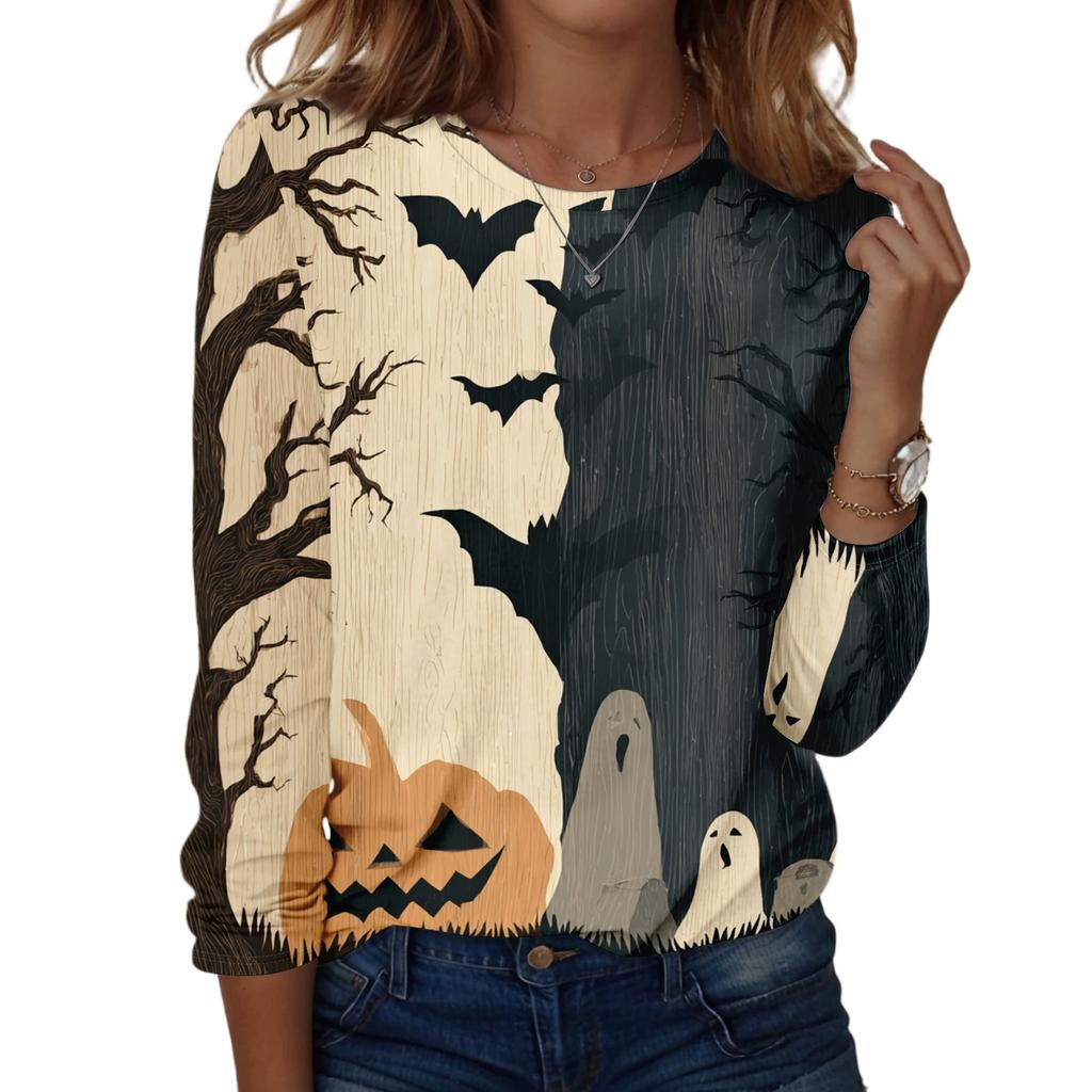 Women's Halloween Long Sleeve Printed Crewneck T-Shirt, Casual Fall Top