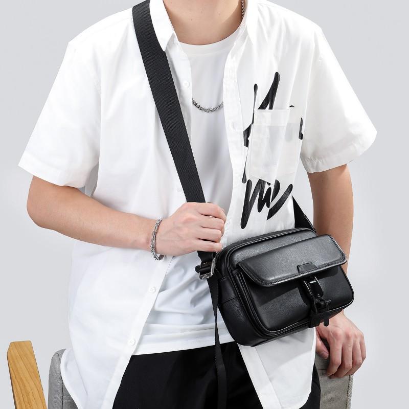Real Cowhide Men s Bag Genuine Leather Horizontal Small Square Trendy Japanese Korean Style Single Shoulder Crossbody чёрный