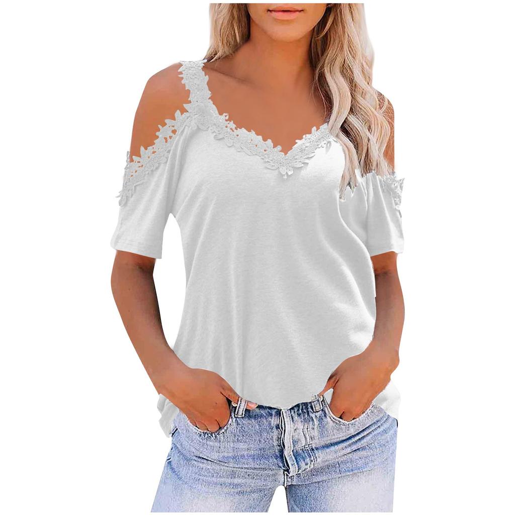 Women's Fashion V-Neck Splicing Lace Suspenders Hollow Loose Short-Sleeved Tops