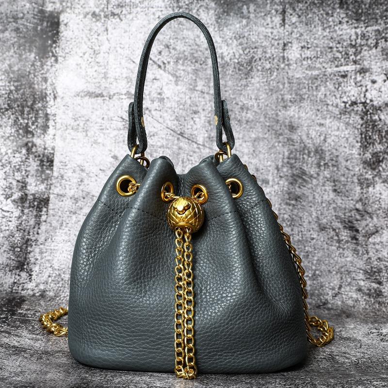 Top-grain Cowhide Ladies' Cosmetic Bag Casual Genuine Leather Bucket Bag Soft Cowhide Chain Bag