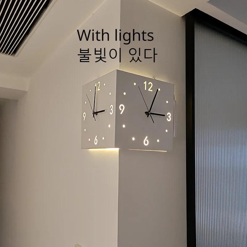 Creative Light Sensor Corner Wall Clock Square Simple Double Sided Wall Clock with Arabic Numeral Scale Analog Silent Wall Clock белый