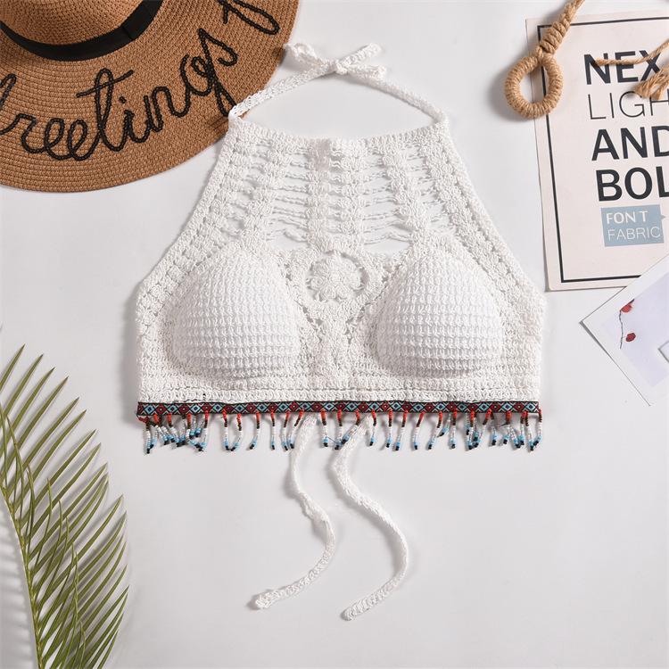 Boho Vyšívaný Top s Odhalenými Rameny, Halter Neck, Bez Zad, Trubkový Top s Hrudní Vložkou