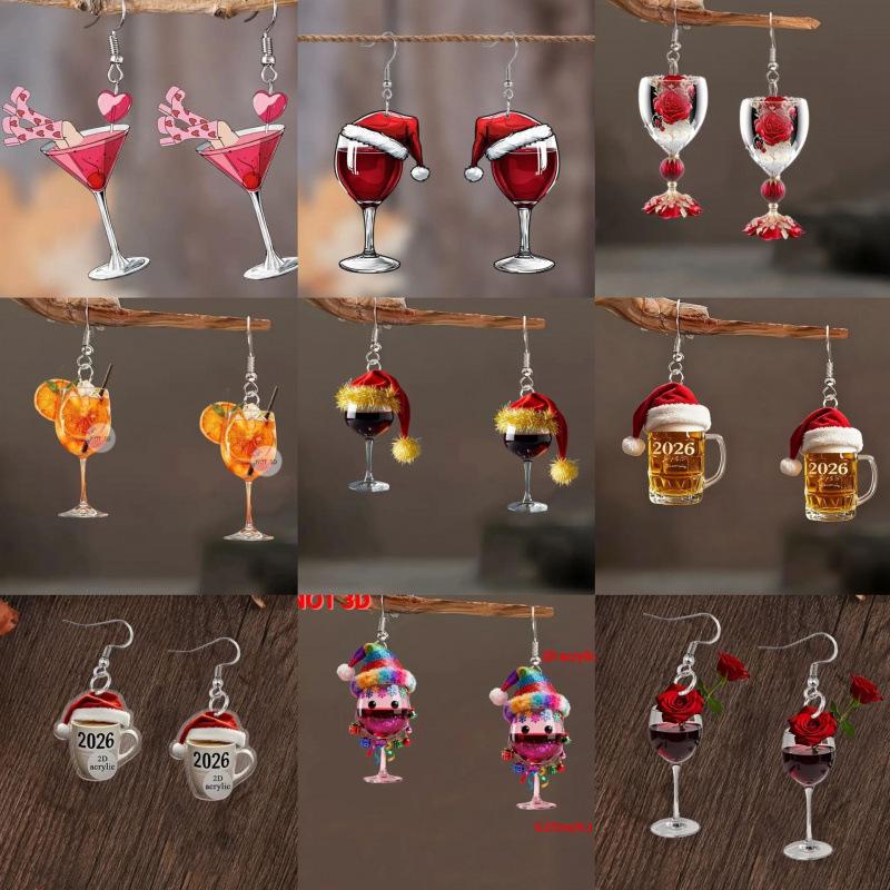 Festive Wine Glass Acrylic Earrings: Christmas & Valentine's Day Decorations