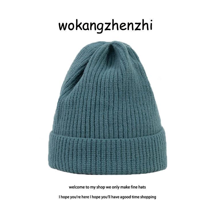 Self-kept peacock blue white wool hat women's autumn and winter warm extended knitted hat versatile solid color cold hat men
