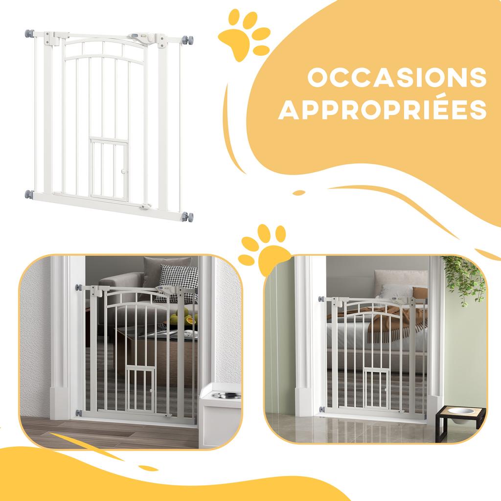 Pressure Fit Stair Gate, Dog Gate W/ Small Cat Door, Auto Closing System, Double Locking Openings, 74-80cm - White