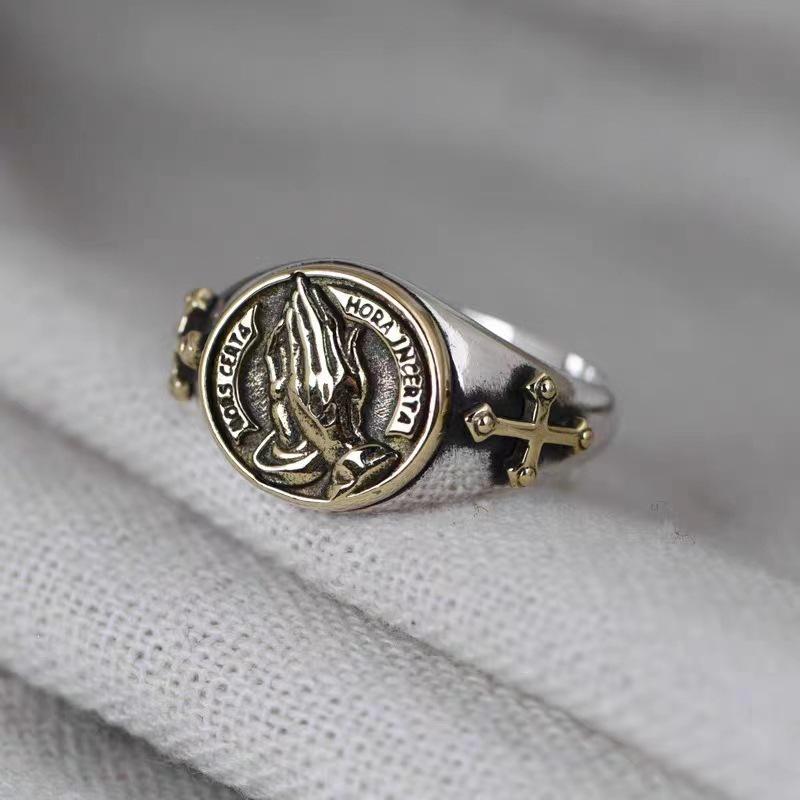 Men's Retro Thai Silver Prayer Hand Adjustable Ring