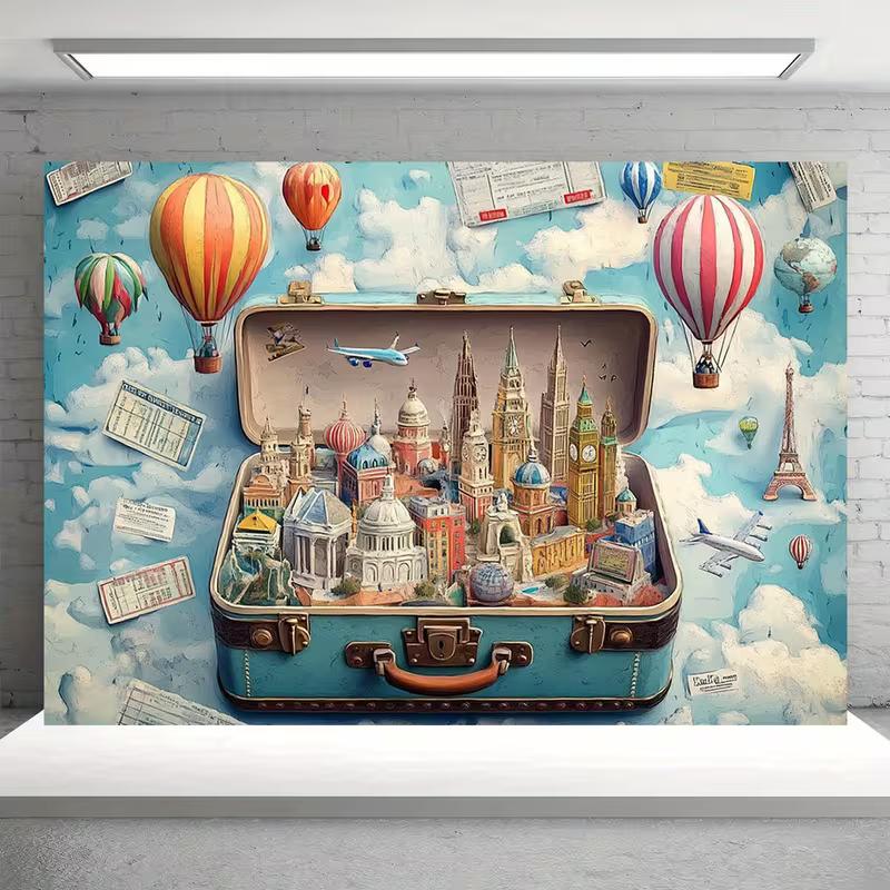 2D Blue Fantasy World Map Background Cloth, Illustrated Landmark & Adventure Themed Backdrop