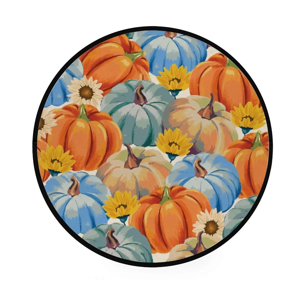 Fall Pumpkin Round Rug for Bedroom Thanksgiving Decor Circle Non Slip Carpet Maple Leaves Floor Mat for Bath Living Room Kitchen