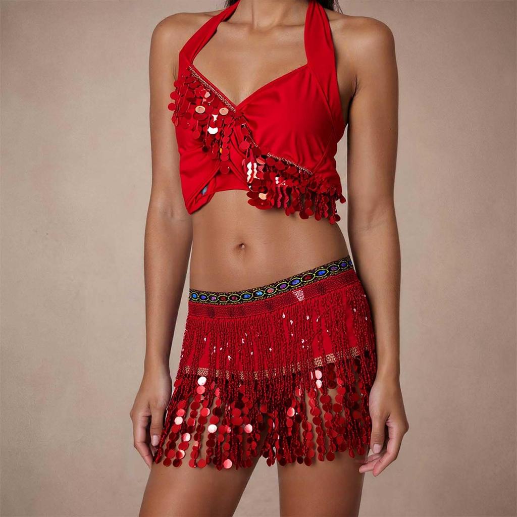 2 Pieces, Bra With Sequined Tassels, Fringed Top, Belly Dance Skirt, Carnival, Club, Costumes