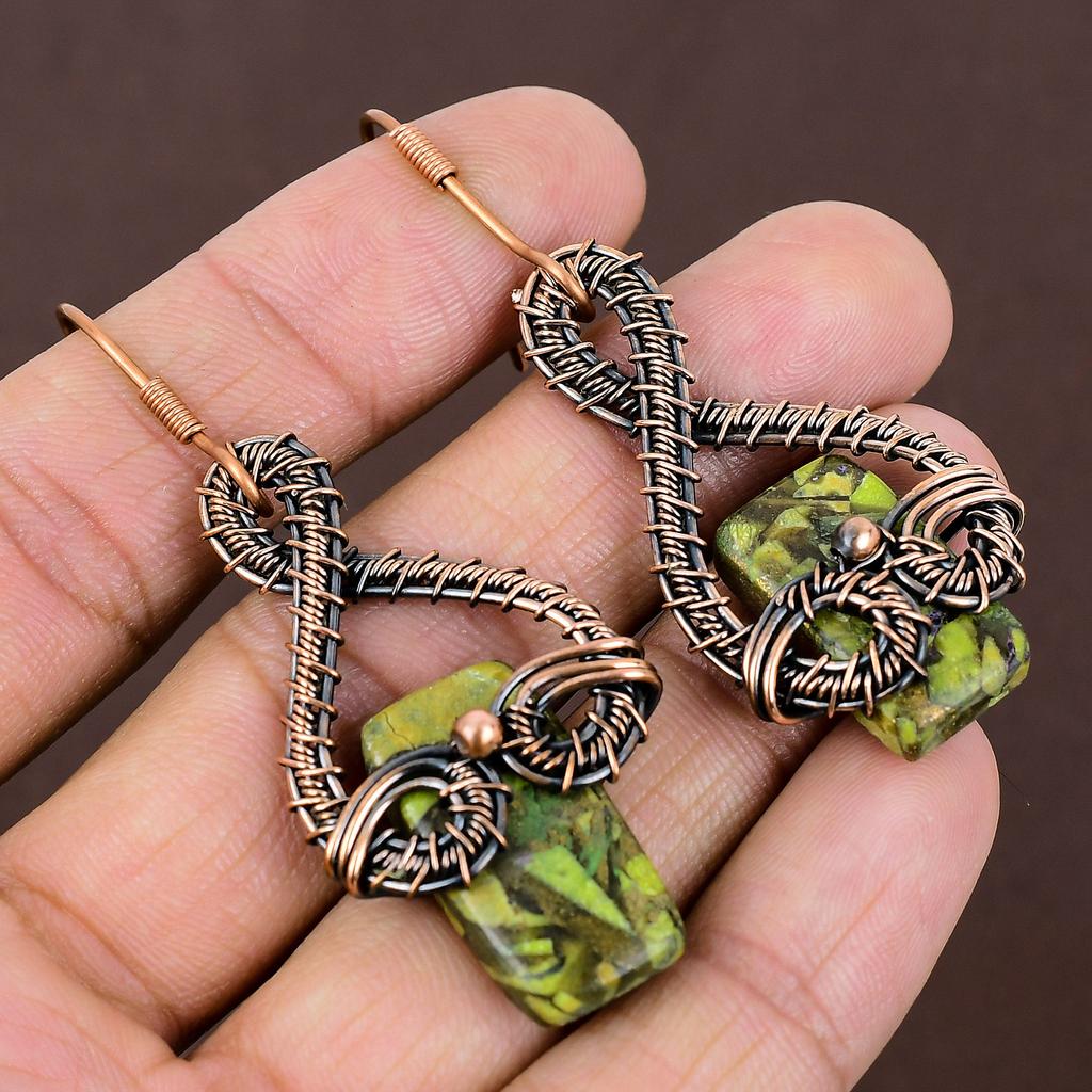 Natural Copper Green Turquoise Stone Handmade Copper Wire Wrap Earring 2.6 q0a42