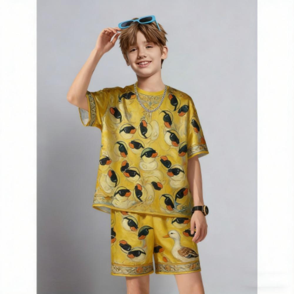 Summer Kids Set Fun Animal Duck Printed Kids T-shirt and Shorts 2 Piece Set Summer Casual Outdoor Boys and Girls Outfit Kids Clothing