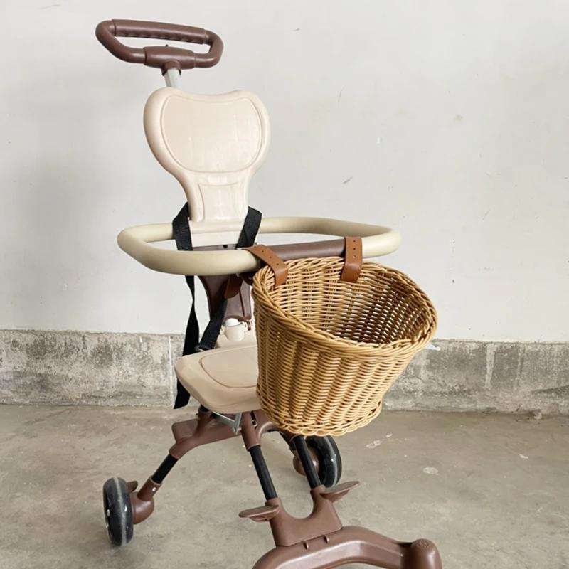 Wasserdichter, robuster, handgefertigter Aufbewahrungskorb, abnehmbare Gepäcktasche, Kinderwagen-Frontkorb für Kinder, Fahrrad- und Rollerkorb aus geflochtenem Rattan