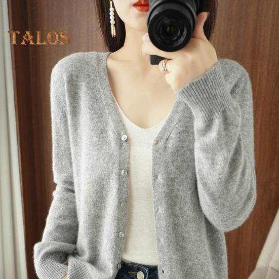 Frühlings-/Sommer-Strickjacke mit V-Ausschnitt, langen Ärmeln, gerippte Bündchen, Pullover, einfarbig, einreihig, dehnbare Strickmode