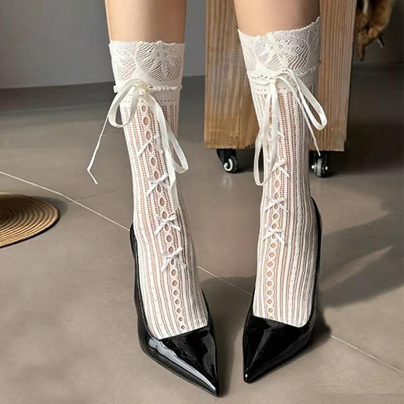 Striped Fishnet Long Socks Breathable Ballet Ribbon Socks Stockings For Women Cute Lace Stocking For Daily Wardrobe School