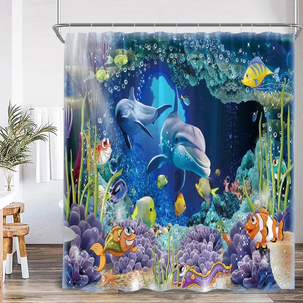 Sea Animals Shower Curtain 3D Dolphin Turtle Octopus Jellyfish Undersea World Bathroom Decoration Kids Polyester Bathtub Curtain