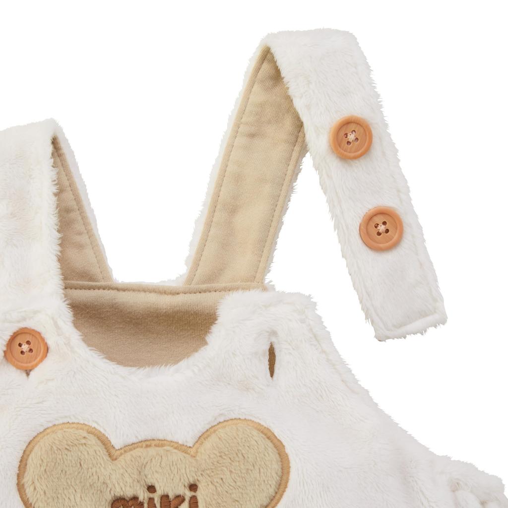 MIKIHOUSE 43-1501-794 Microfur Baby Romper M White Logo Print Warm Winter Bodysuit 80-90cm Boys Girls Kids Clothing Snap Closure Adjustable Straps