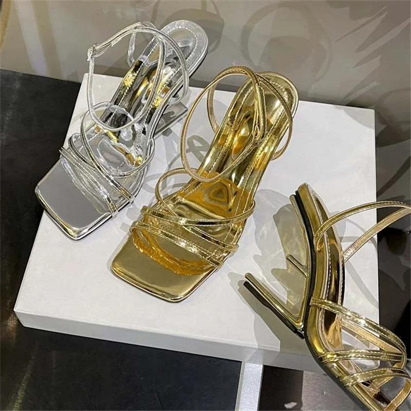 Fashion New Design Women's Shoes Narrow Band High Heels Luxury Fashion Women Sandals Summer Square Toe Buckle Strap Banquet Female Shoes