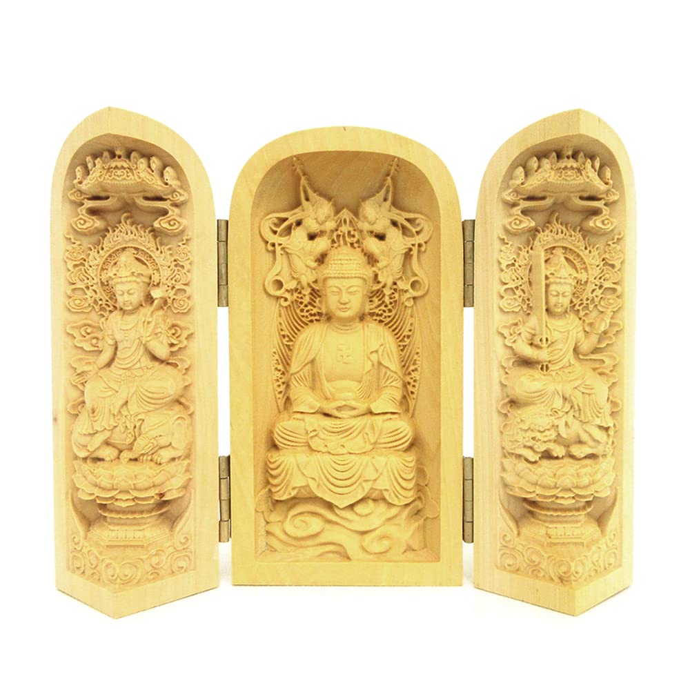 

special Buddhist statue open Shaka Triad Diameter Opening width wood carving made from boxwood 18312 Kurita s [Three Buddhas] (Cylindrical) (Height