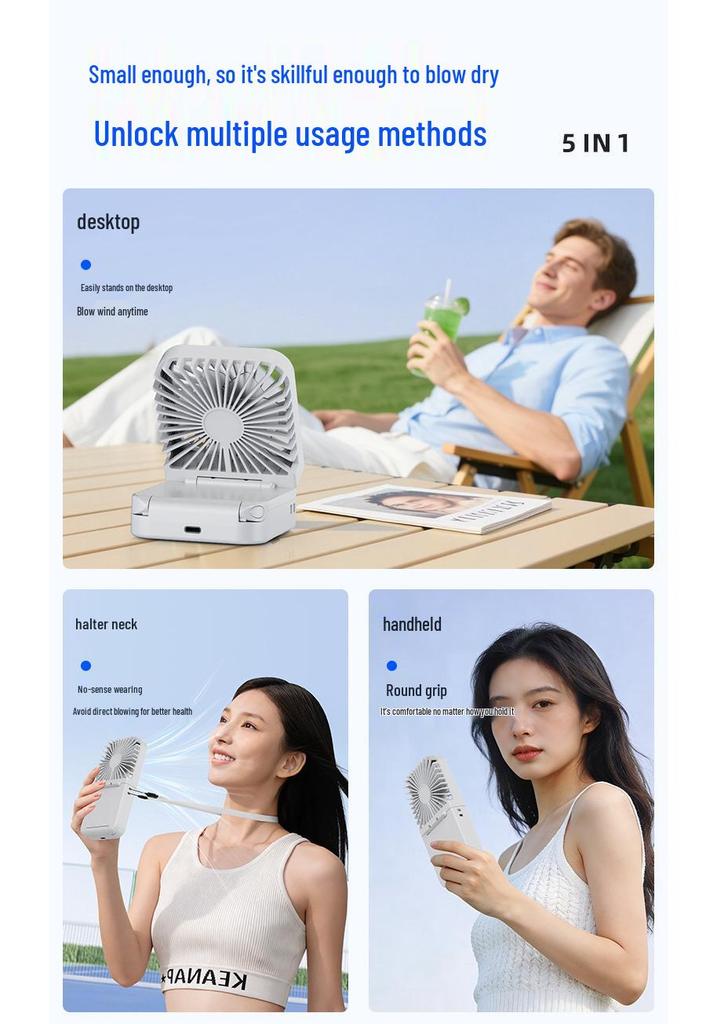 Portable Dual-Use Mini Folding Fan: USB Rechargeable, Handheld, Desktop, Neck Hanging, Travel & Office