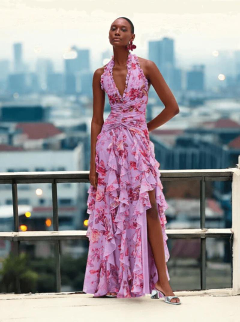 

Lilac Floral Halter Neck High Slit Ruffle Hem Maxi Dress XXL