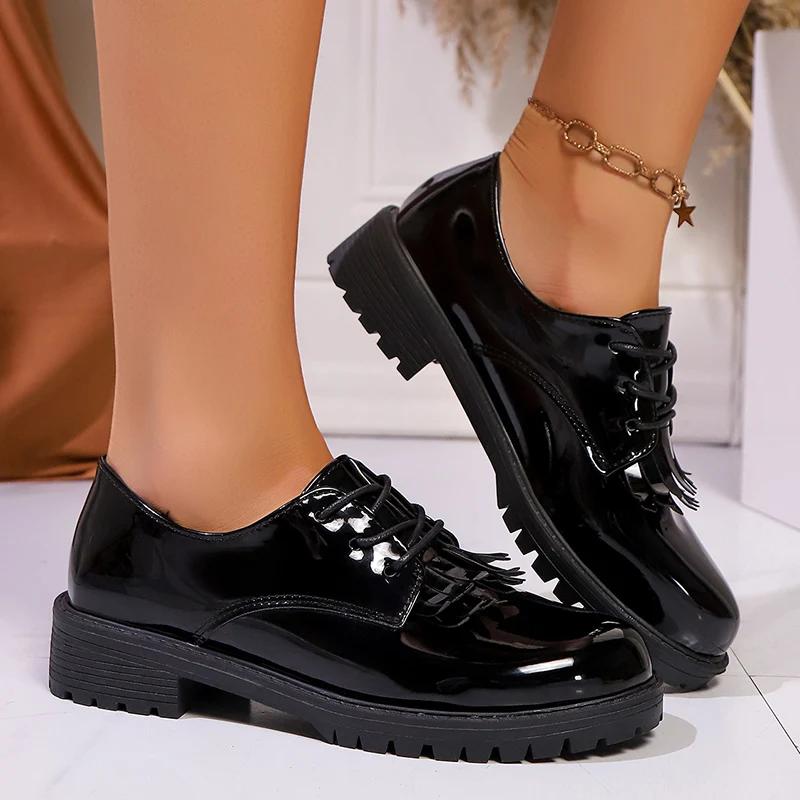 Fashion Patent Leather Low Heels Oxford Shoes for Women Fashion Tassels Decor Dress Shoes Woman Comfy Non Slip Lace Up Office Work Shoes