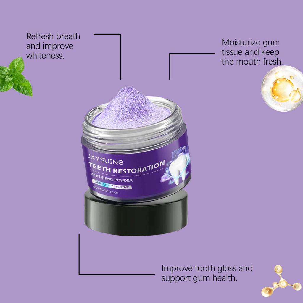 Jaysuing Purple Whitening Teeth Powder 50g - Deep cleans teeth, brightens and whitens teeth, removes stains, protects enamel, and freshens breath.