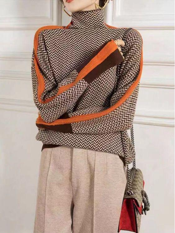 Pull Rétro en Cachemire pour Femme - Coupe Ample, Col Montant, Couleur Contrastée, Automne/Hiver