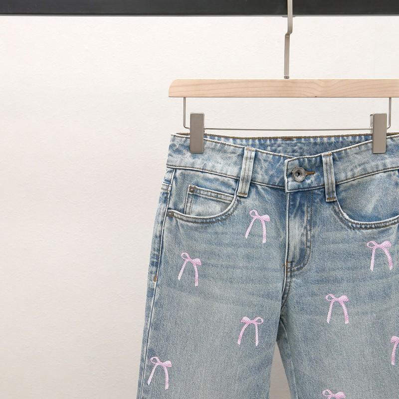 Womens High-Waisted A-Line Denim Pants With Bow Detail Pink Casual Chic Trousers Style