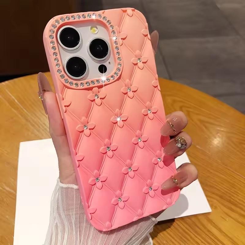 Luxury Glitter Rhinestone 6D Flowers Case for IPhone 17air 13 14 15 16 Pro Max Gradient Color Soft Silicone Shockproof Cover