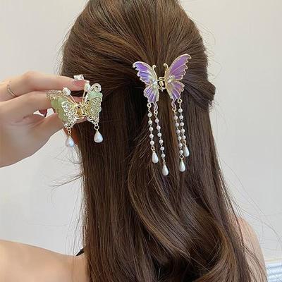 Korean Style Rhinestone Butterfly Pearl Tassel Hair Clip