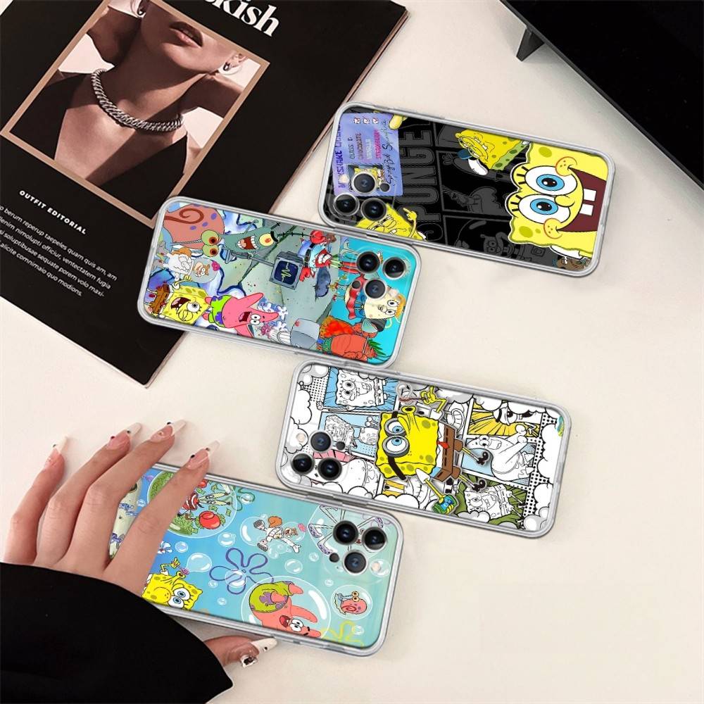 Cartoon Niedlich S-SpongeBob Anime Handyhülle Für IPhone 11 13 16 12 17 14 15 Pro Max Plus Weiche Klare Rückseite Hülle