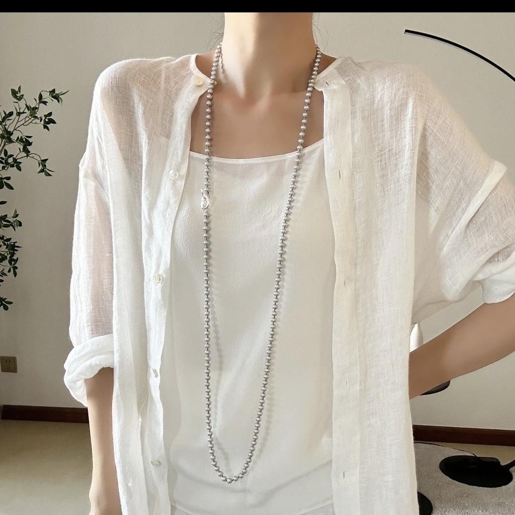 French Simple Silver-Gray Long Pearls Can Be Stacked With Long Chains, High-End Light Luxury Exquisite Temperament Versatile Necklace
