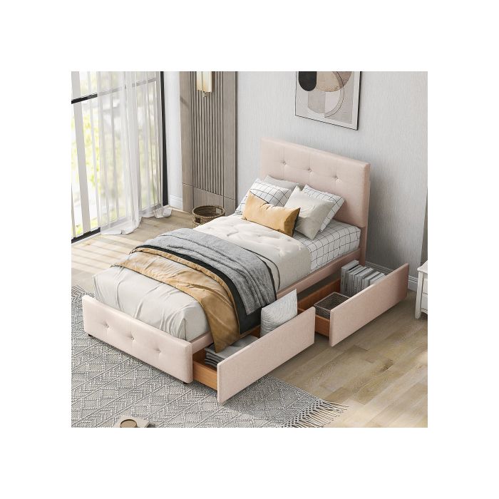 Lit rembourré 90 x 200 cm - MUVOE - Beige foncé - Avec tiroirs - Montage facile - Style classique