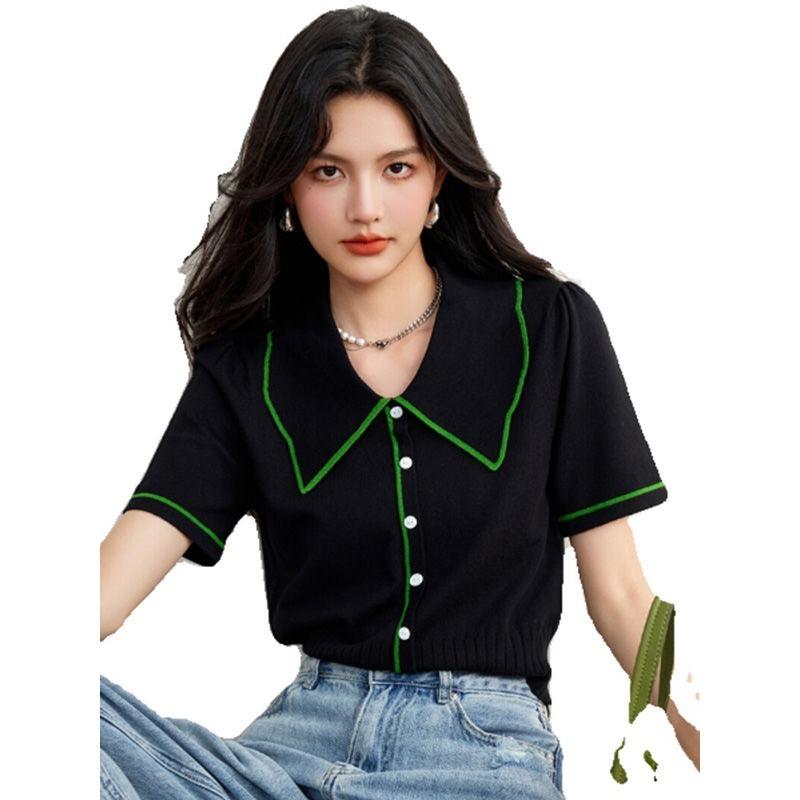 

Повседневная женская трикотажная футболка с короткими рукавами и воротником с цветными блоками XXXL чёрный