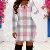 Women Plus Size Pink Grey White Plaid Printed Criss Cross V Neck Long Sleeve Bodycon Mini Dress