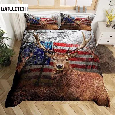 Deer Duvet Cover American Flag Elk Decor Bedding Set for Boys Teens Wild Animal Theme Comforter Cover Soft Polyester Quilt Cover