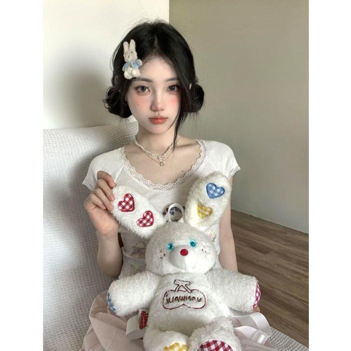 

Милая футболка с кружевной отделкой и утягивающим эффектом, с коротким рукавом для женщин - Летний топ с круглым вырезом и мультяшным принтом Small белый