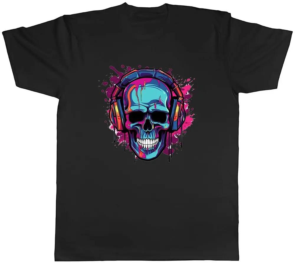 Skull Headphones Mens T-Shirt DJ Music Head Gothic Unisex Tee Gift High Quality 100%Cotton Short Sleeve L