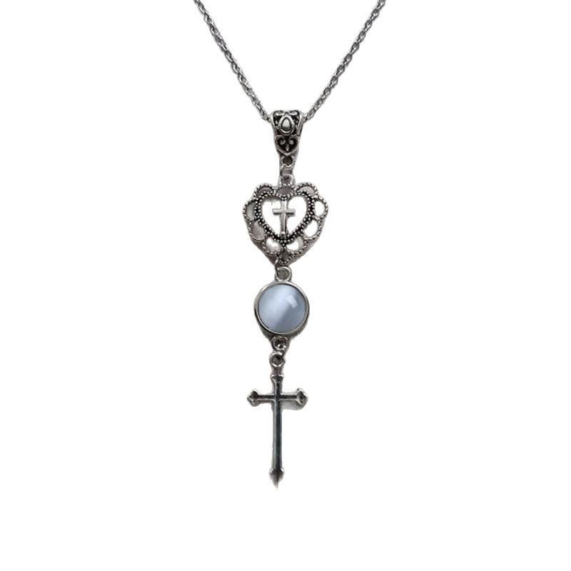 Gothic Cross Necklace Pendant With Agate Heart For Vintage Jewelry Enthusiasts