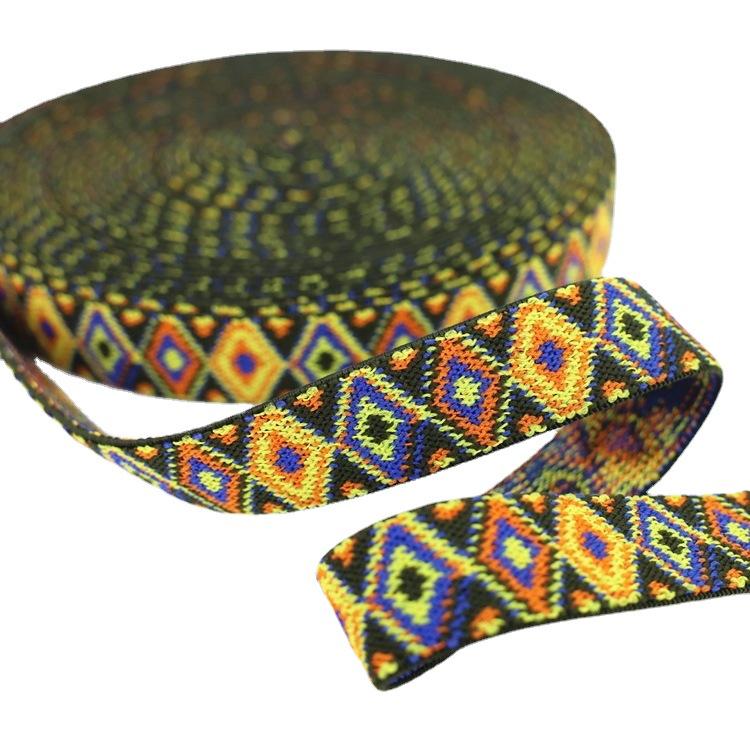 25mm Wide Colorful Ethnic Jacquard Elastic Band for Clothing, Shoes, and Hats