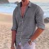 2026 New Men's Shirt Cotton Linen Fashion Casual Polo Neck Beach Shirt Long Sleeve Solid Hawaiian Holiday Shirts