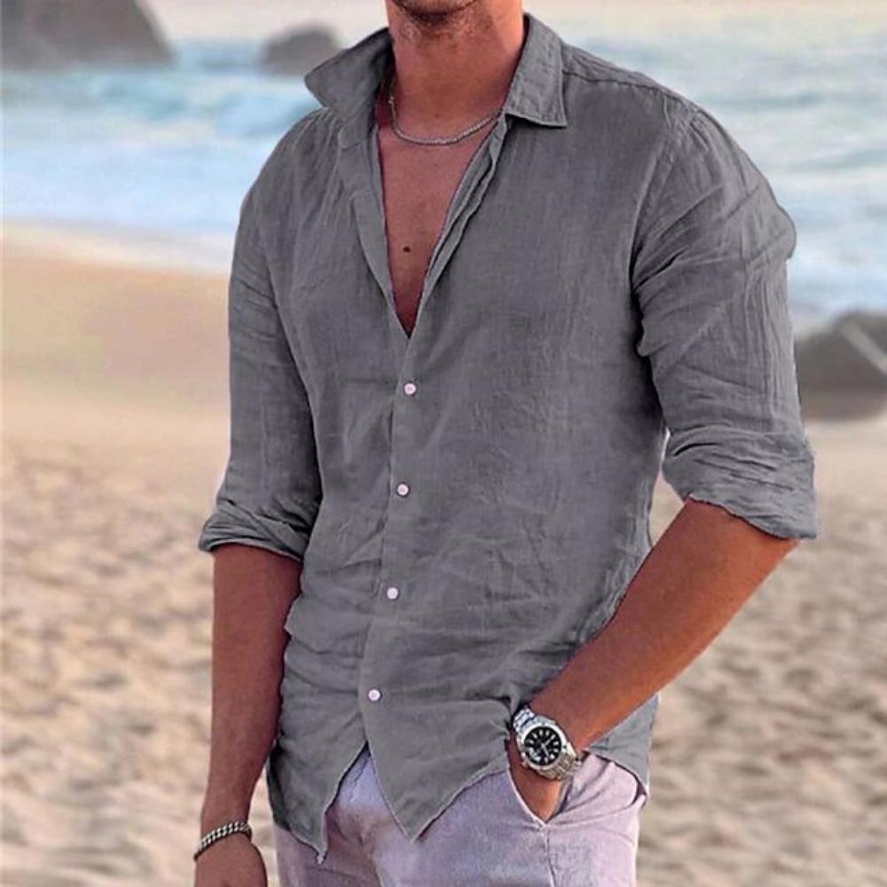 2026 New Men's Shirt Cotton Linen Fashion Casual Polo Neck Beach Shirt Long Sleeve Solid Hawaiian Holiday Shirts