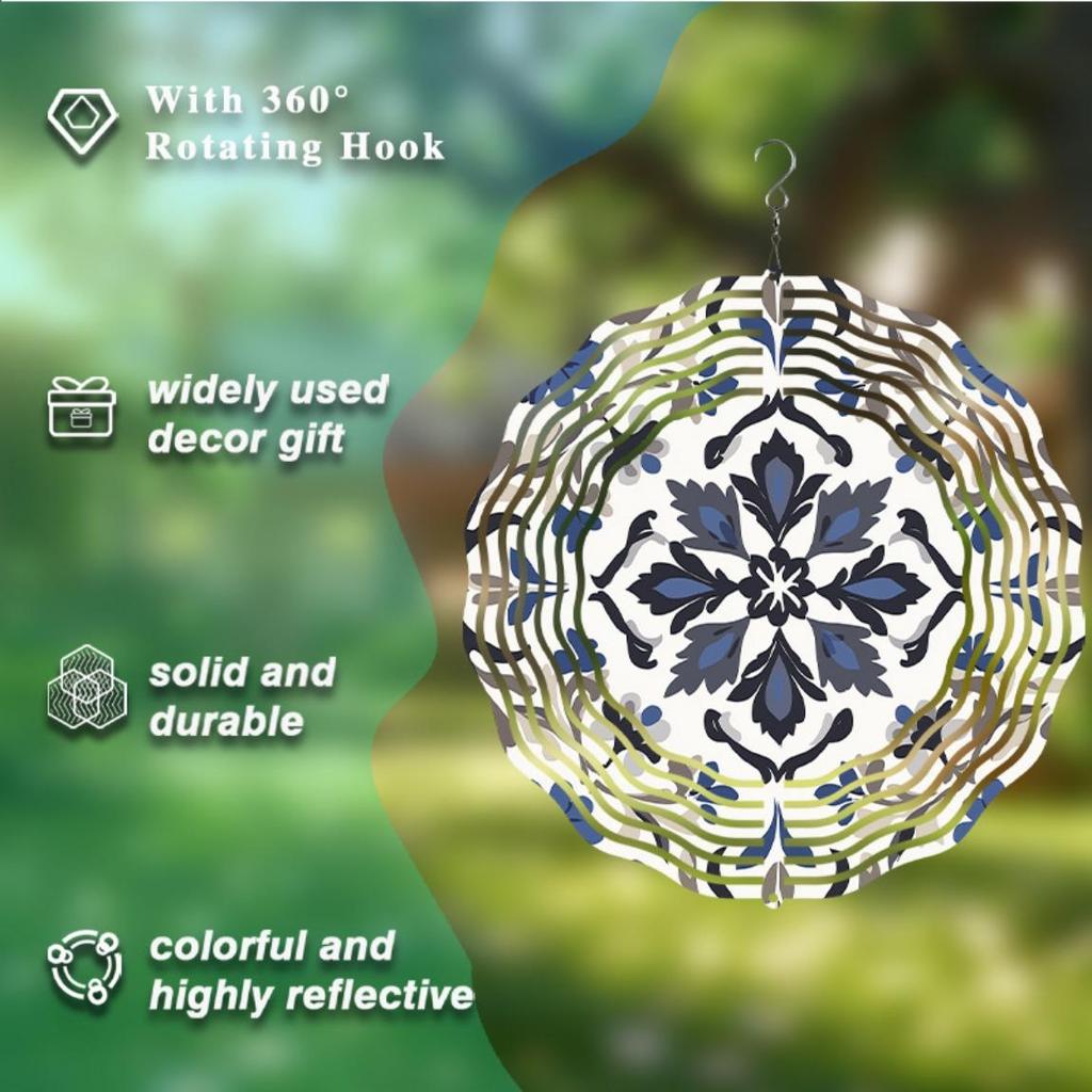 Blue White Porcelain Metal Wind Chime with Intricate Floral Design for Garden Lawn Indoor Outdoor Decor All Seasons Hanging Ornament