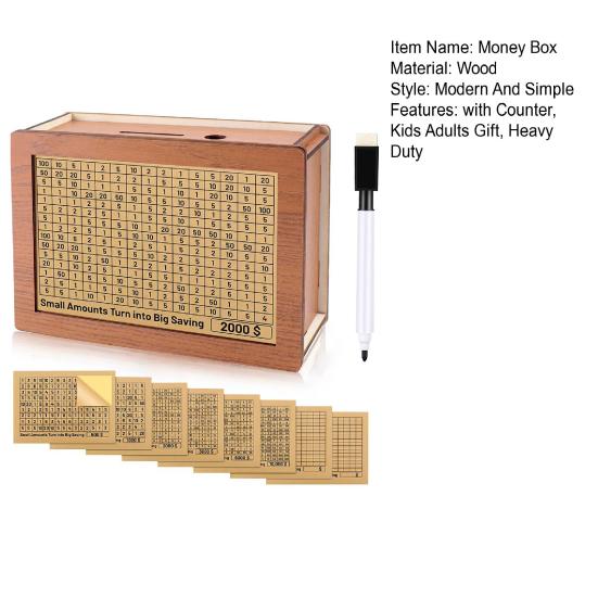 Wooden Money Box with Counter Marker Pen Target Number Sticker Vintage Piggy
