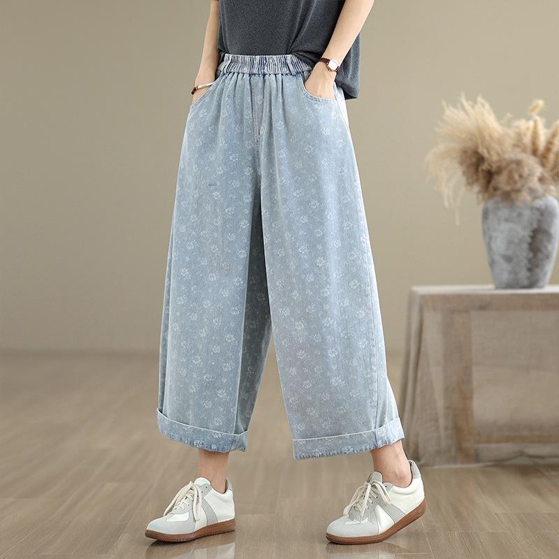 2025 summer new retro new Chinese personalized printed denim wide-leg pants women's loose large size nine-point casual pants