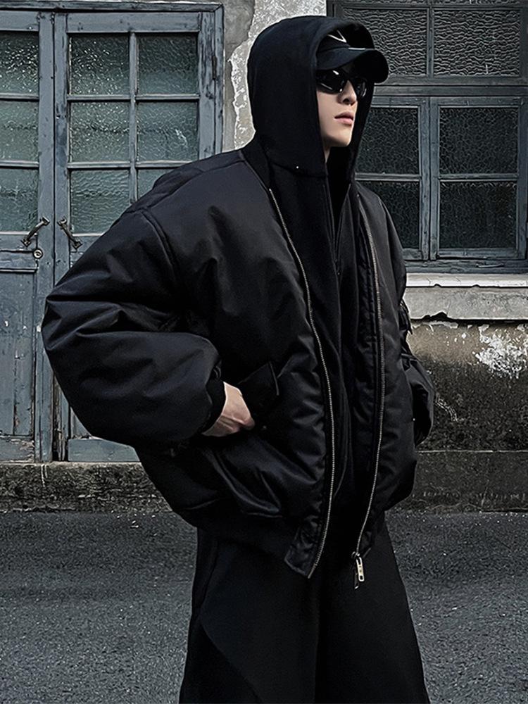 Men's American Faux Two-Piece Quilted Winter Bomber Jacket with Hood