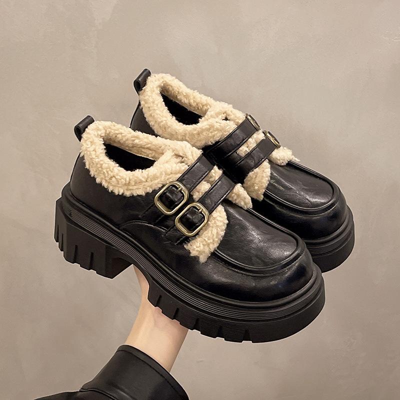 Black velvet platform small leather shoes women s new autumn and winter round head retro Mary Jane single shoes 35 4959₽