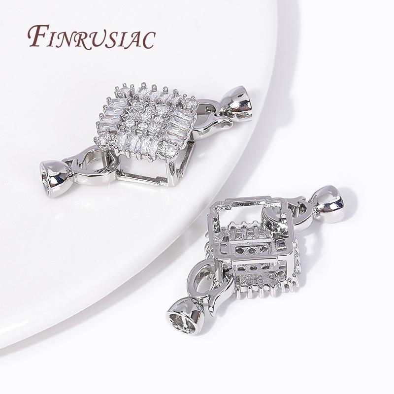18K Gold Plated Inlay Zircon Square Connector Lock For Pearl Necklace Making,High Quality Beads End Cap Clasp Fastener